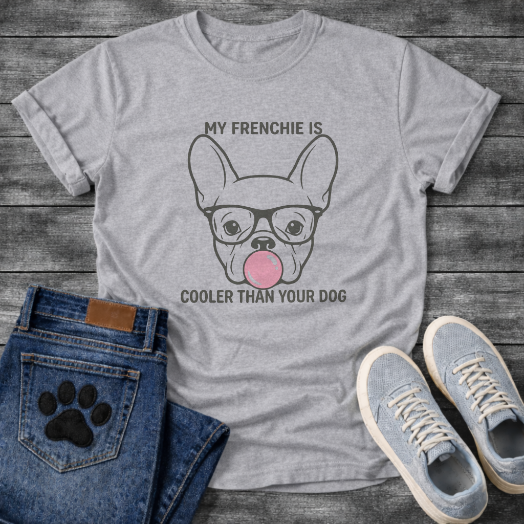 French Bulldog face with glasses and bubble gum My Frenchie Is Cooler Than Your Dog typography graphic tee