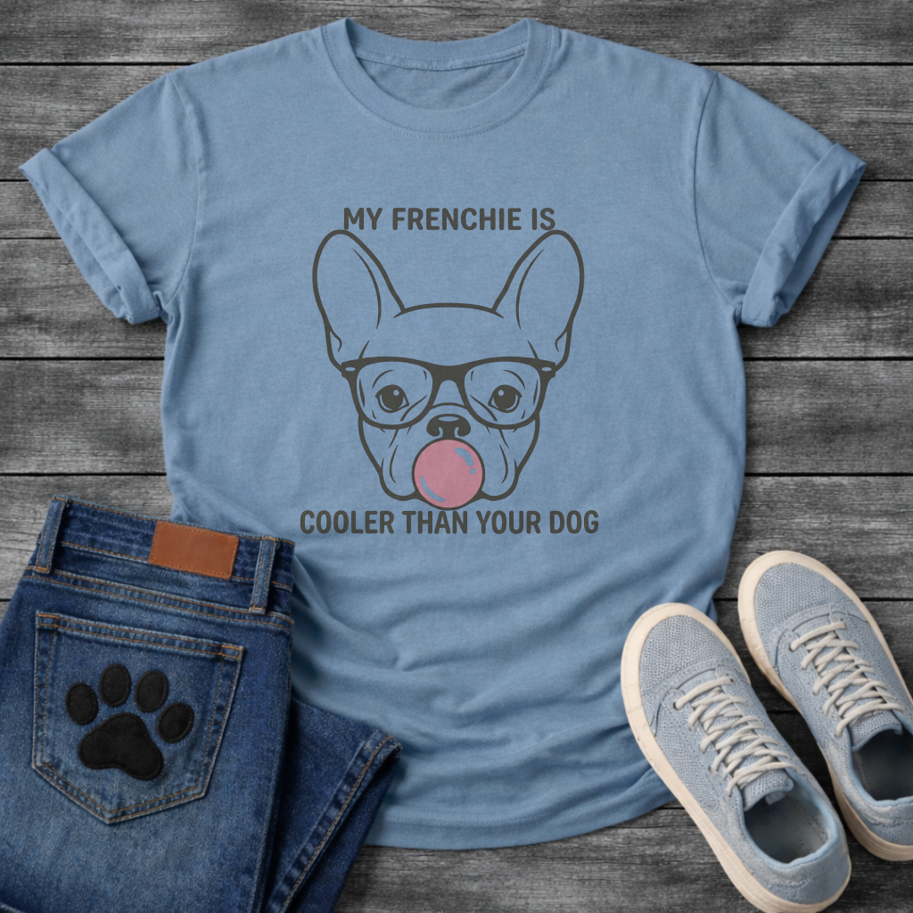 French Bulldog face with glasses and bubble gum My Frenchie Is Cooler Than Your Dog typography graphic tee