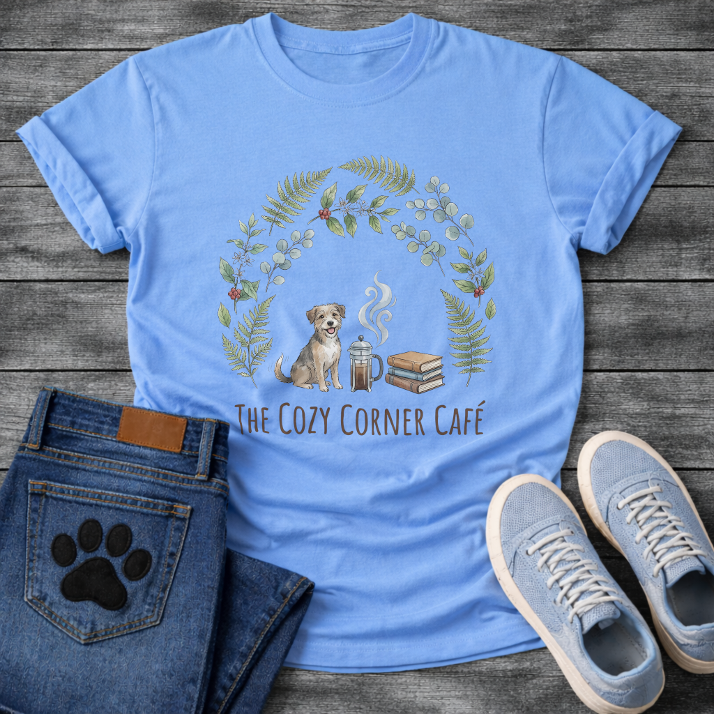 Cozy corner cafe dog shirt with books coffee wreath design for pet lovers
