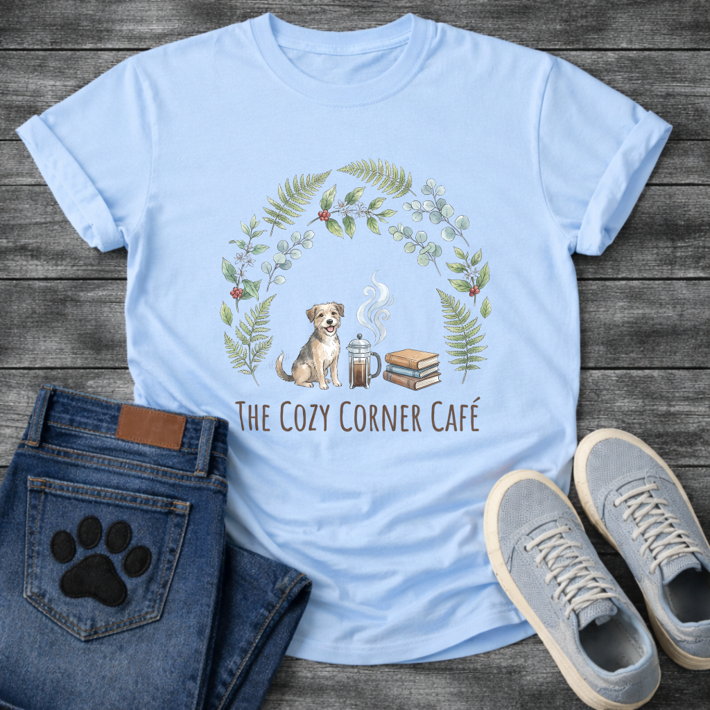 Cozy corner cafe dog shirt with books coffee wreath design for pet lovers
