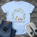 Cozy corner cafe dog shirt with books coffee wreath design for pet lovers
