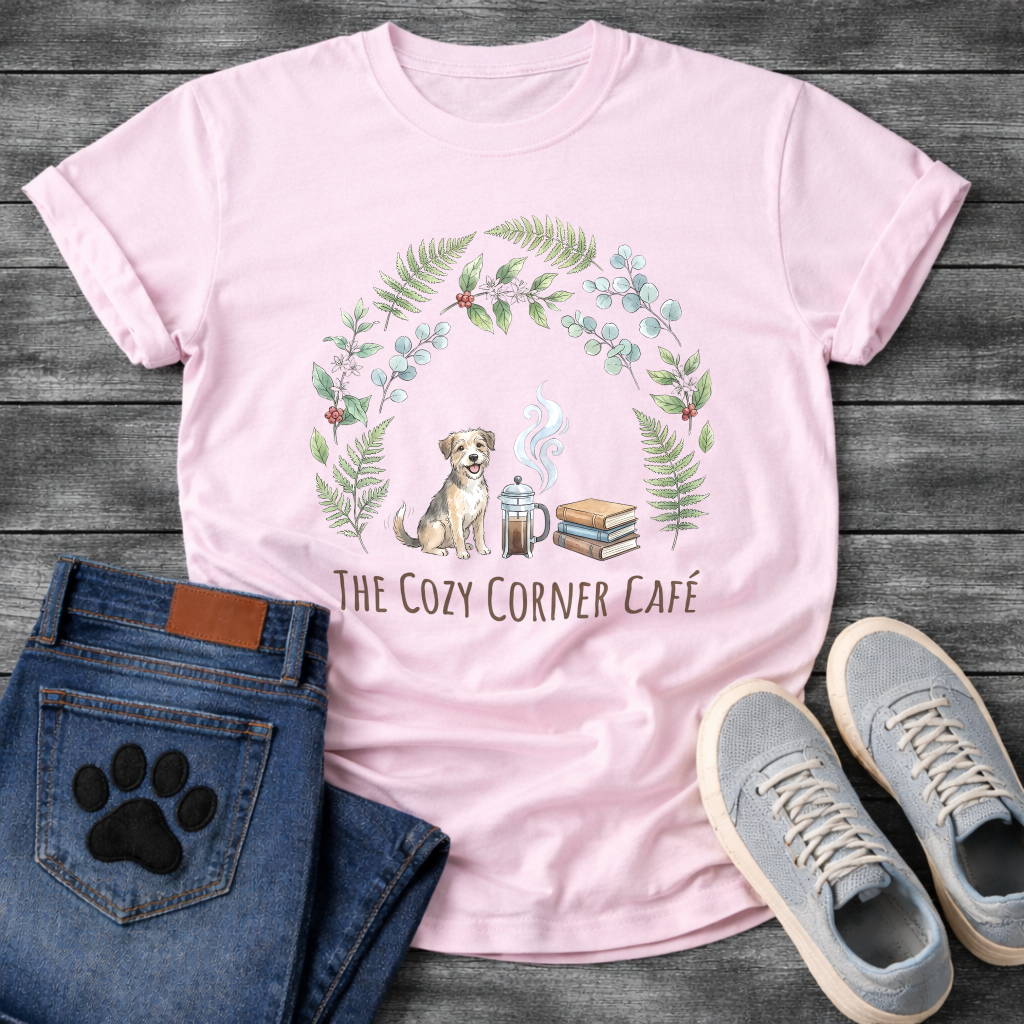 Cozy corner cafe dog shirt with books coffee wreath design for pet lovers
