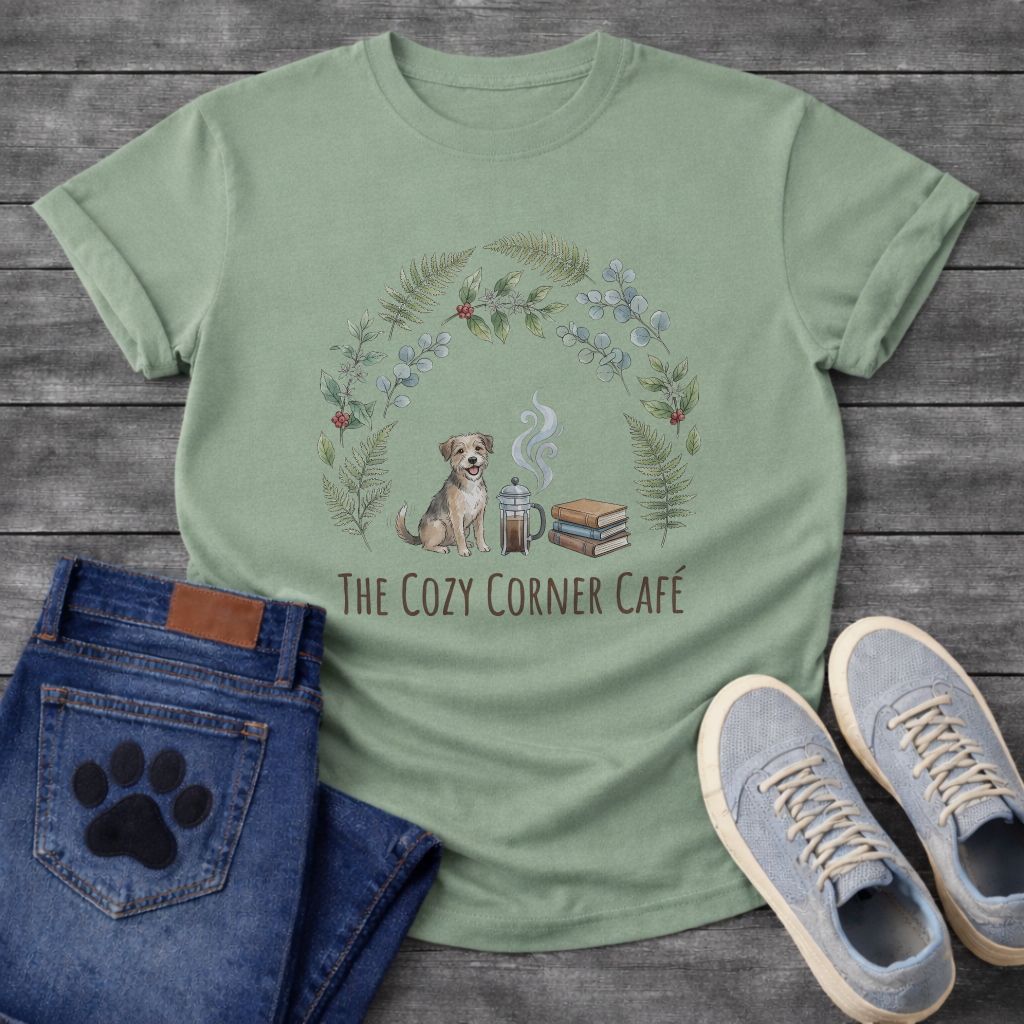 Cozy corner cafe dog shirt with books coffee wreath design for pet lovers
