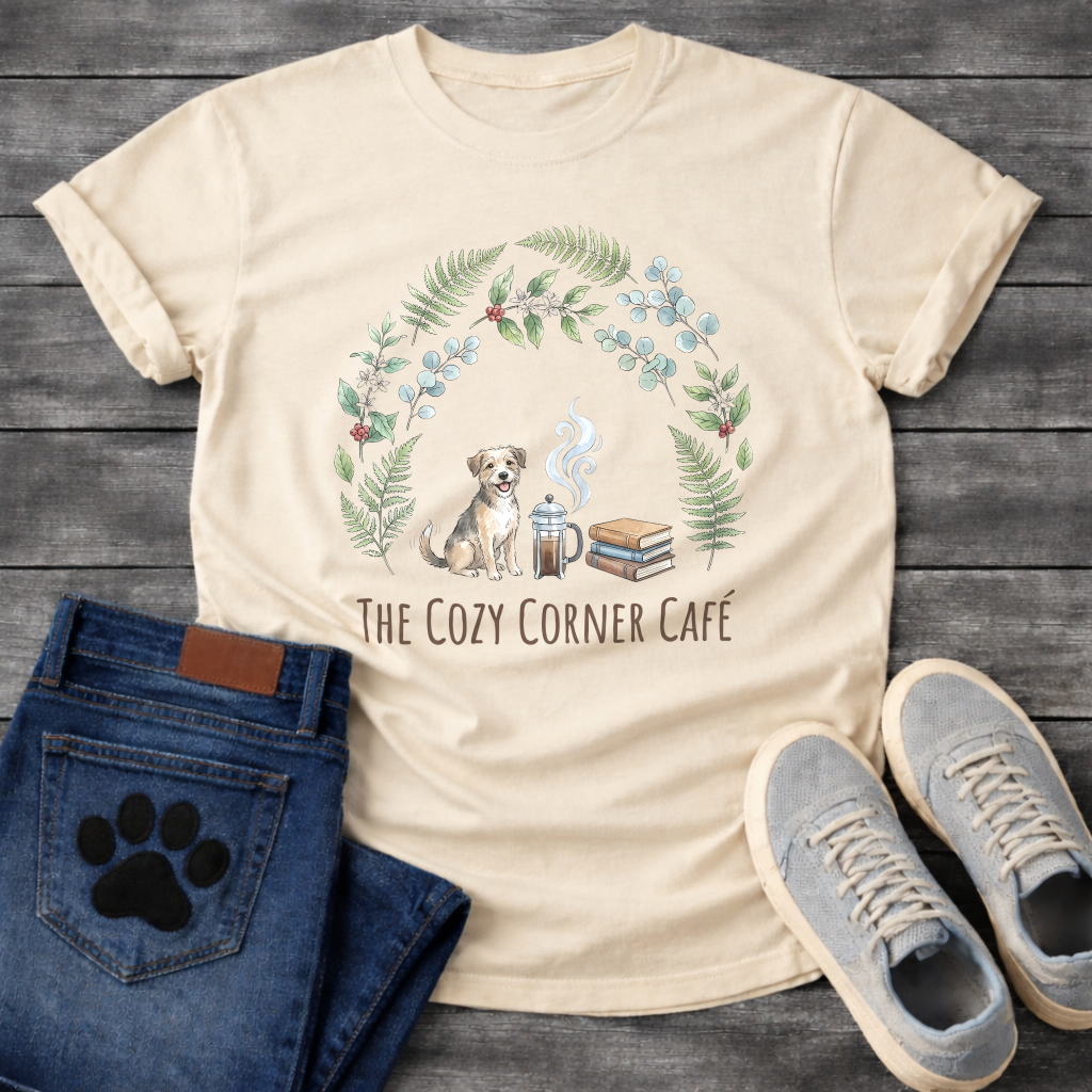 Cozy corner cafe dog shirt with books coffee wreath design for pet lovers
