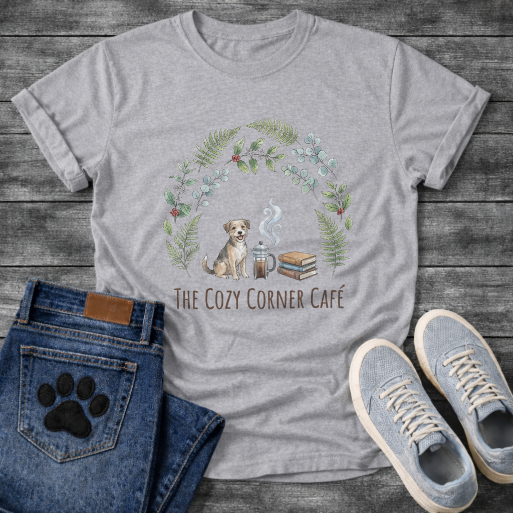 Cozy corner cafe dog shirt with books coffee wreath design for pet lovers
