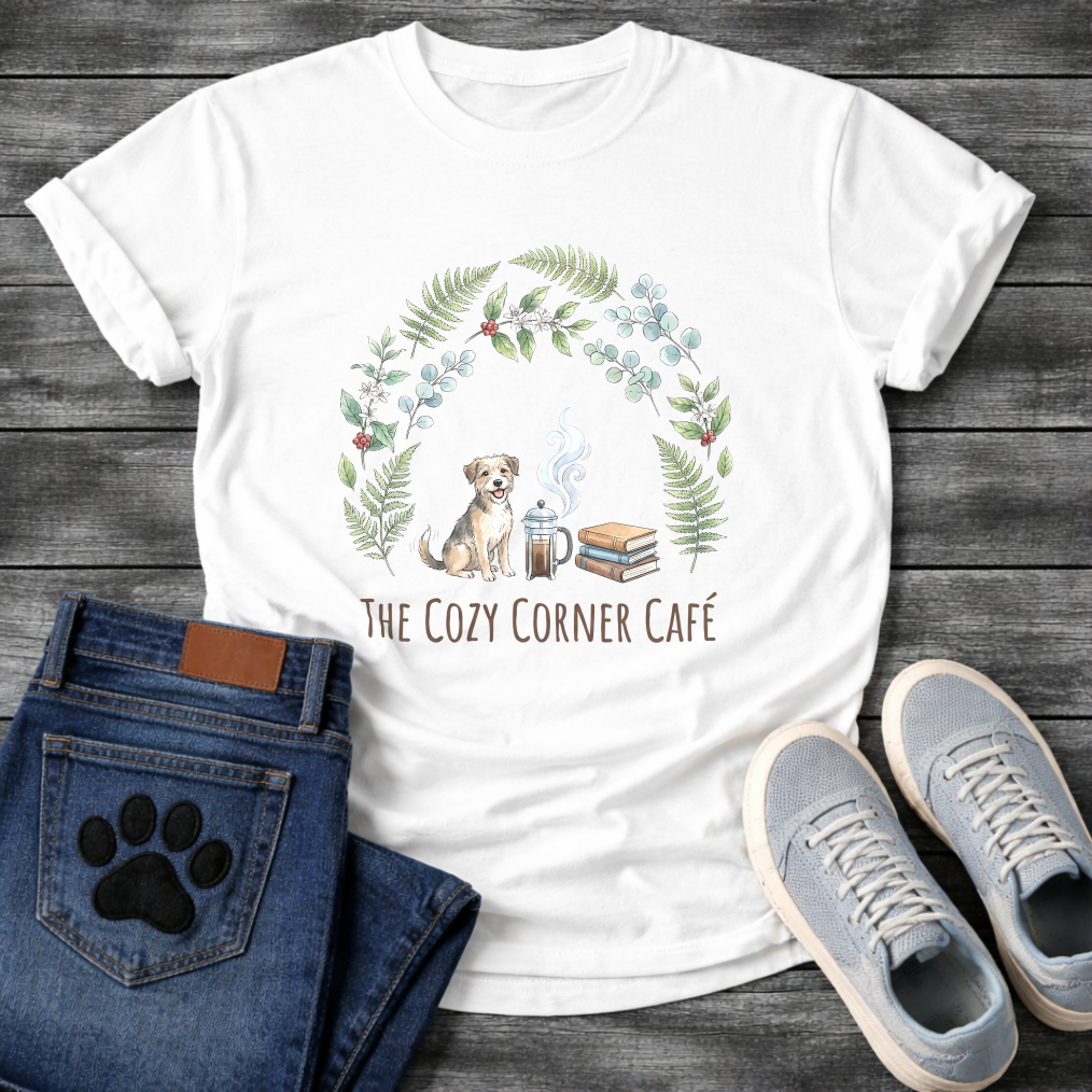 Cozy corner cafe dog shirt with books coffee wreath design for pet lovers
