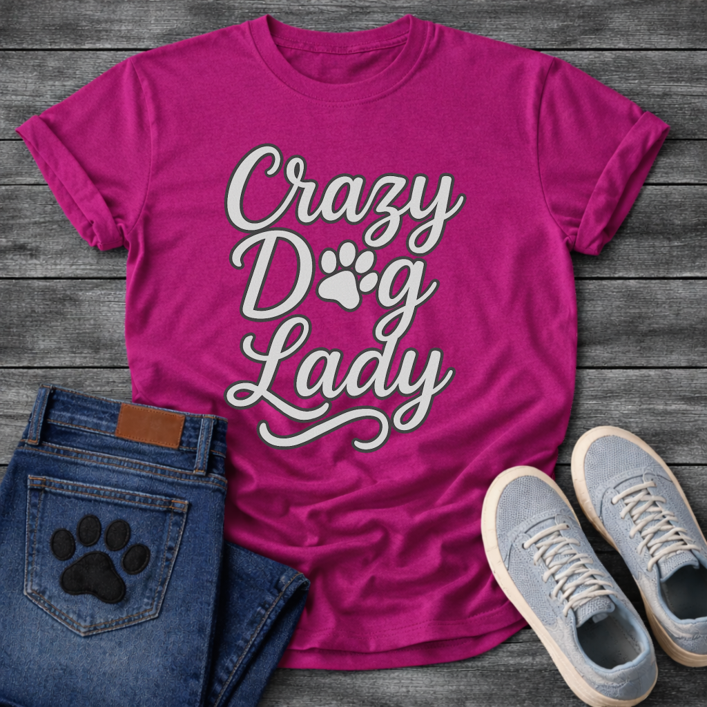Crazy dog lady shirt with script lettering and paw print for dog moms