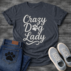 Crazy dog lady shirt with script lettering and paw print for dog moms