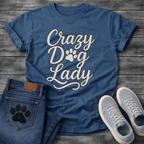 Crazy dog lady shirt with script lettering and paw print for dog moms