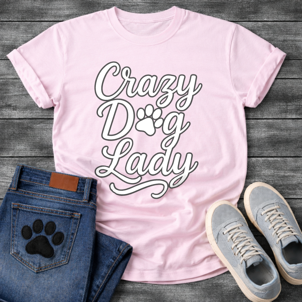 Crazy dog lady shirt with script lettering and paw print for dog moms
