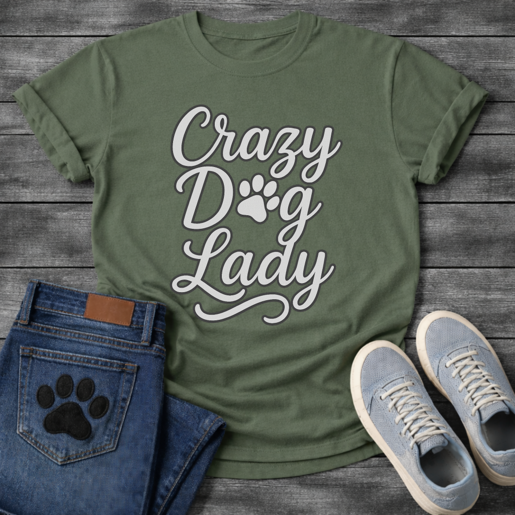 Crazy dog lady shirt with script lettering and paw print for dog moms