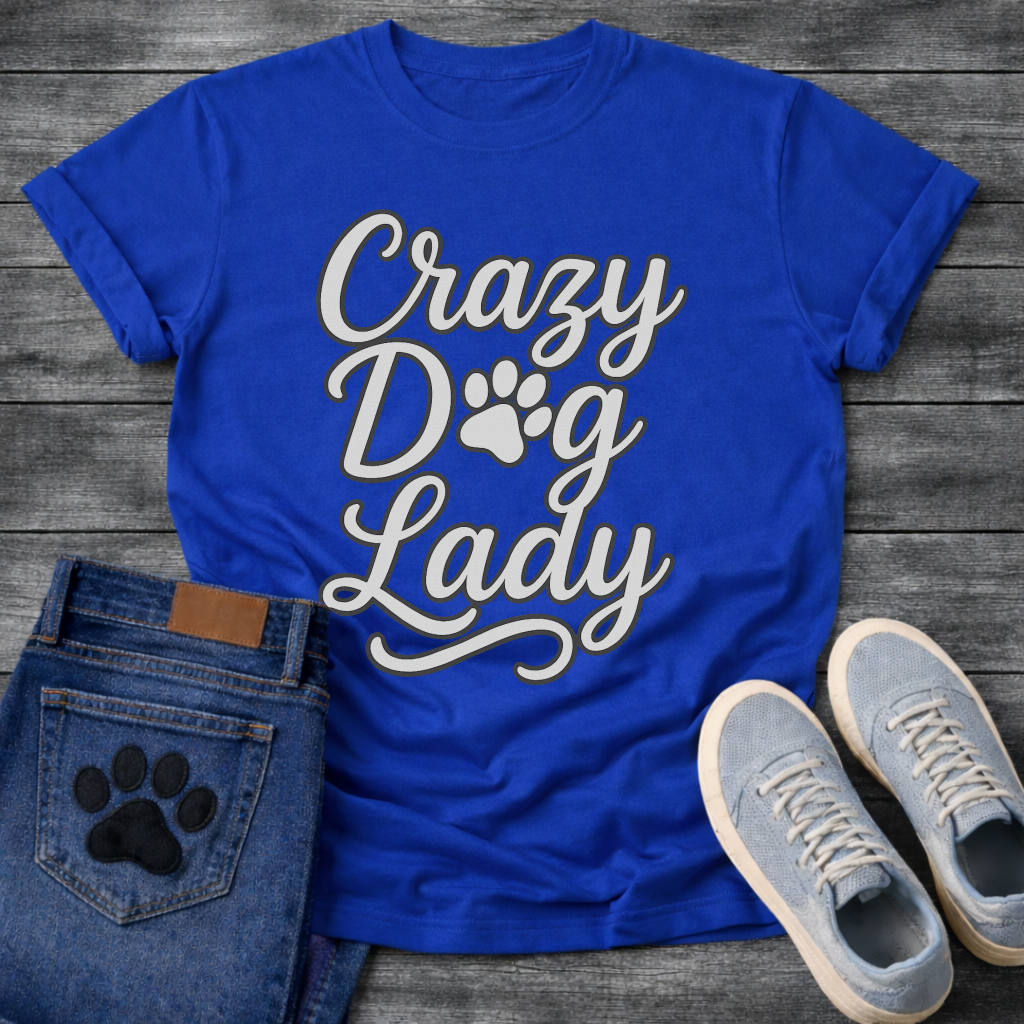 Crazy dog lady shirt with script lettering and paw print for dog moms