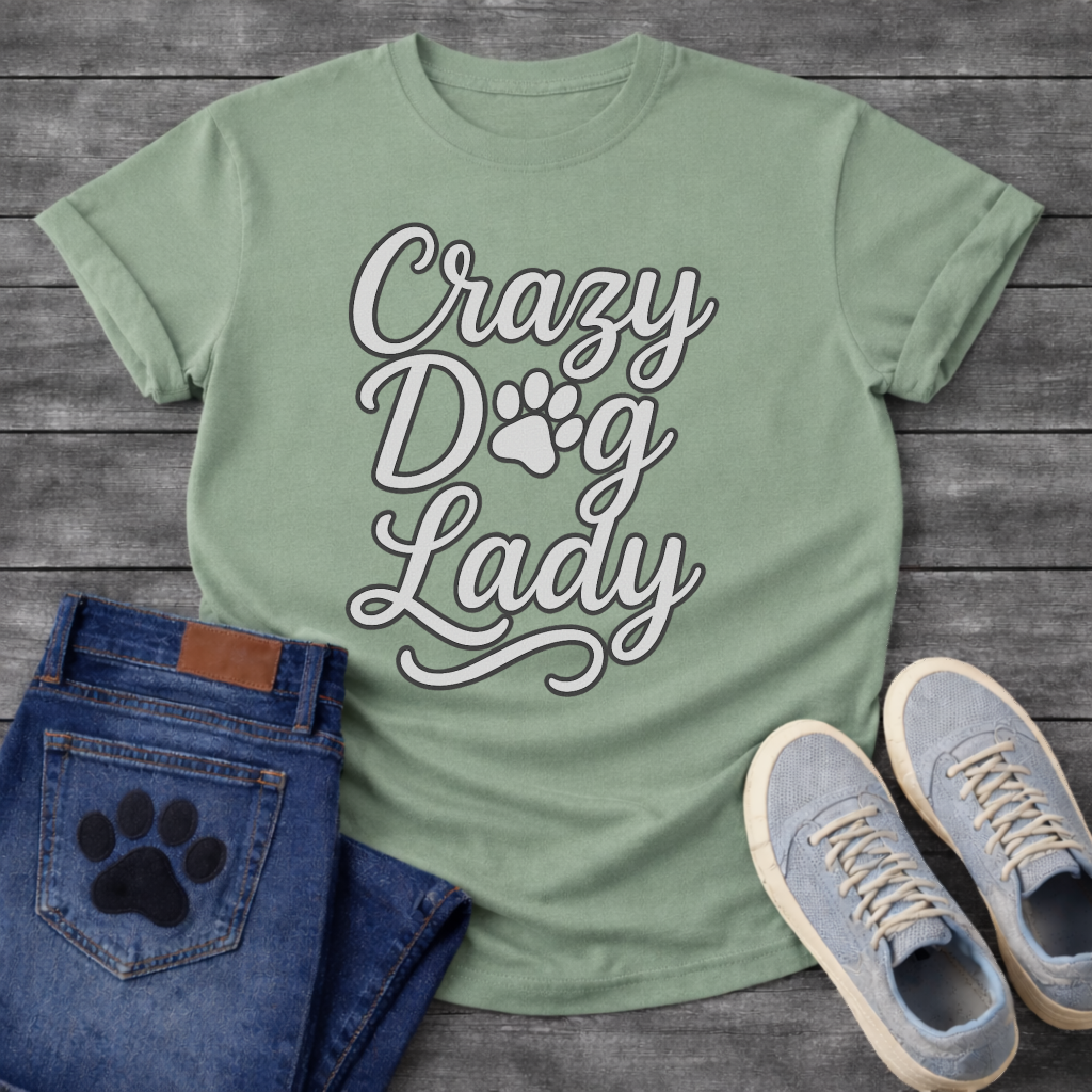 Crazy dog lady shirt with script lettering and paw print for dog moms