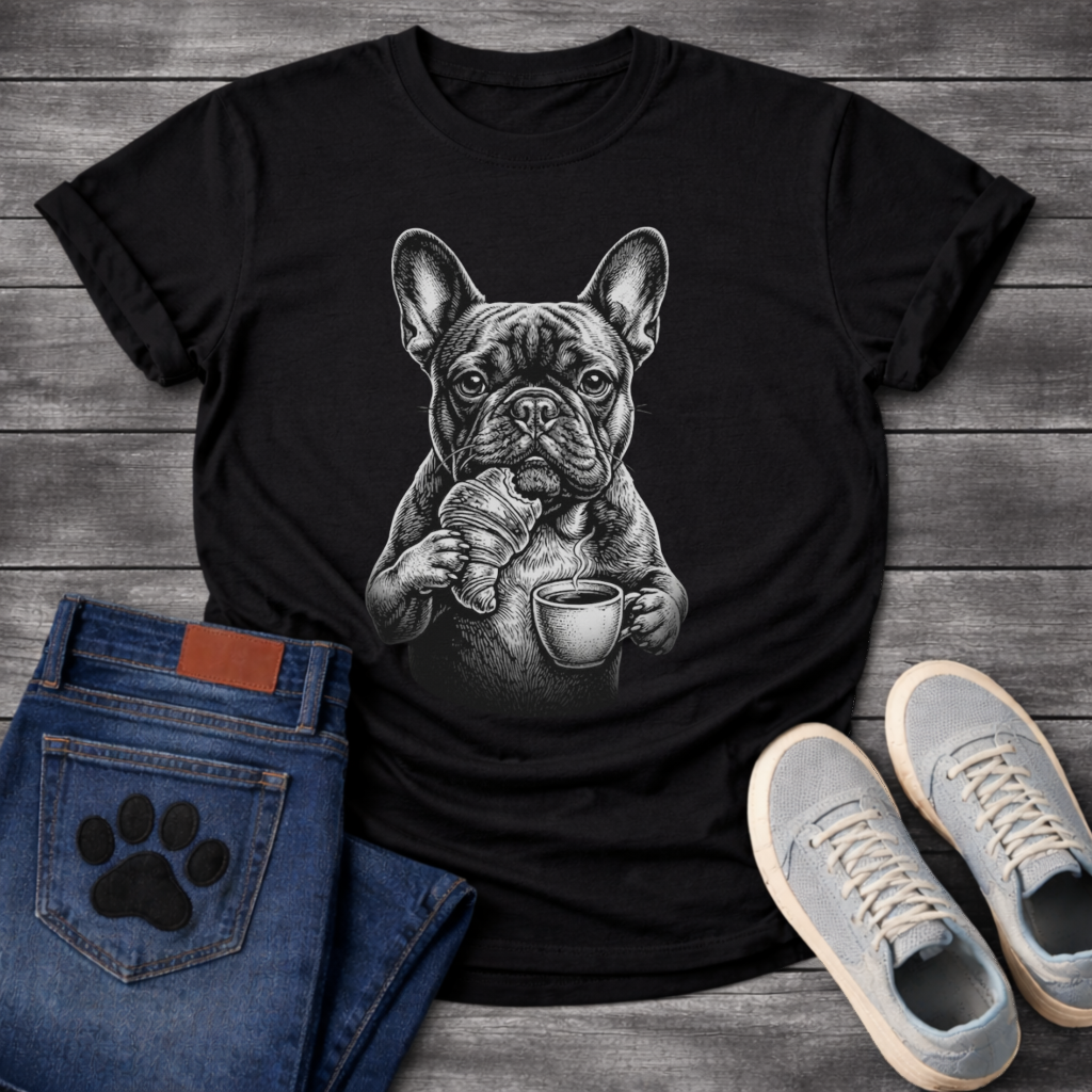 French Bulldog croissants and coffee engraving graphic funny dog shirt black tee