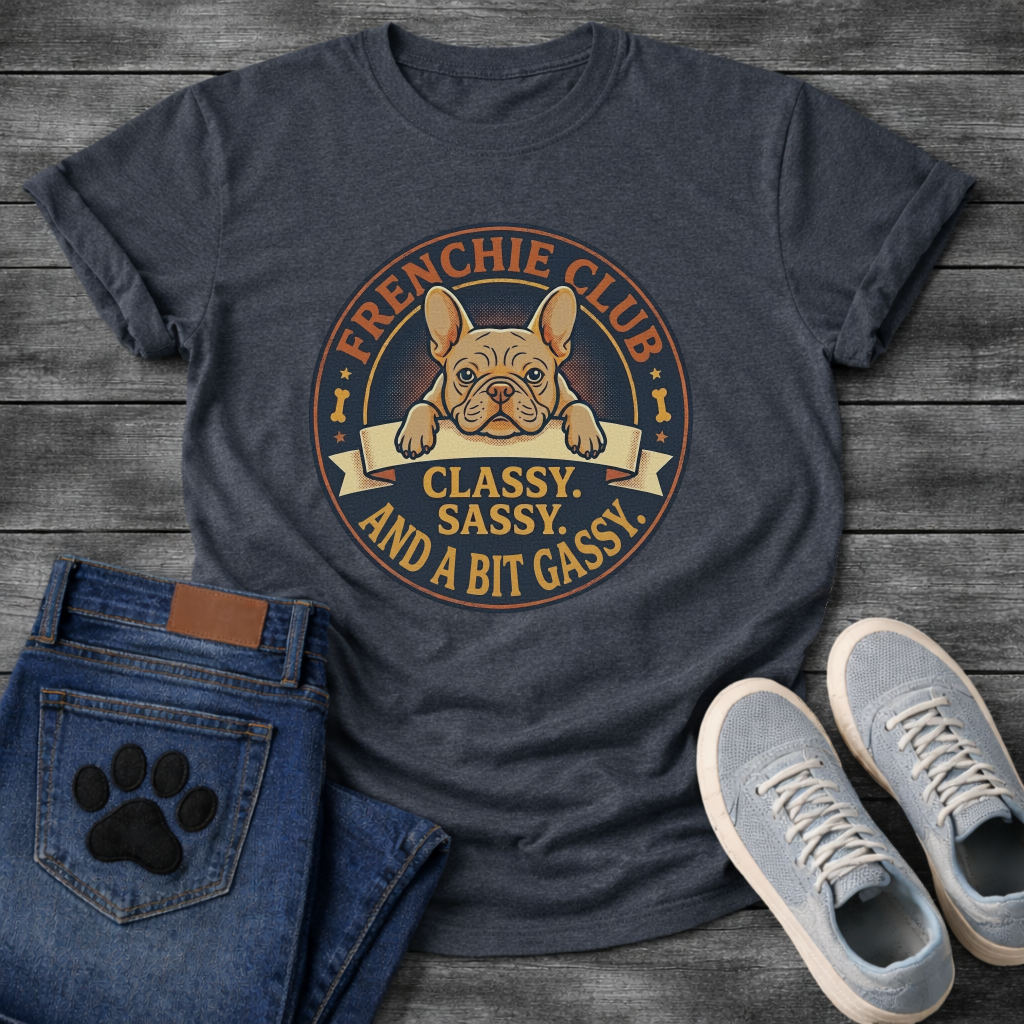 Frenchie Club Classy Sassy Bit Gassy full color fawn badge t-shirt funny French Bulldog shirt
