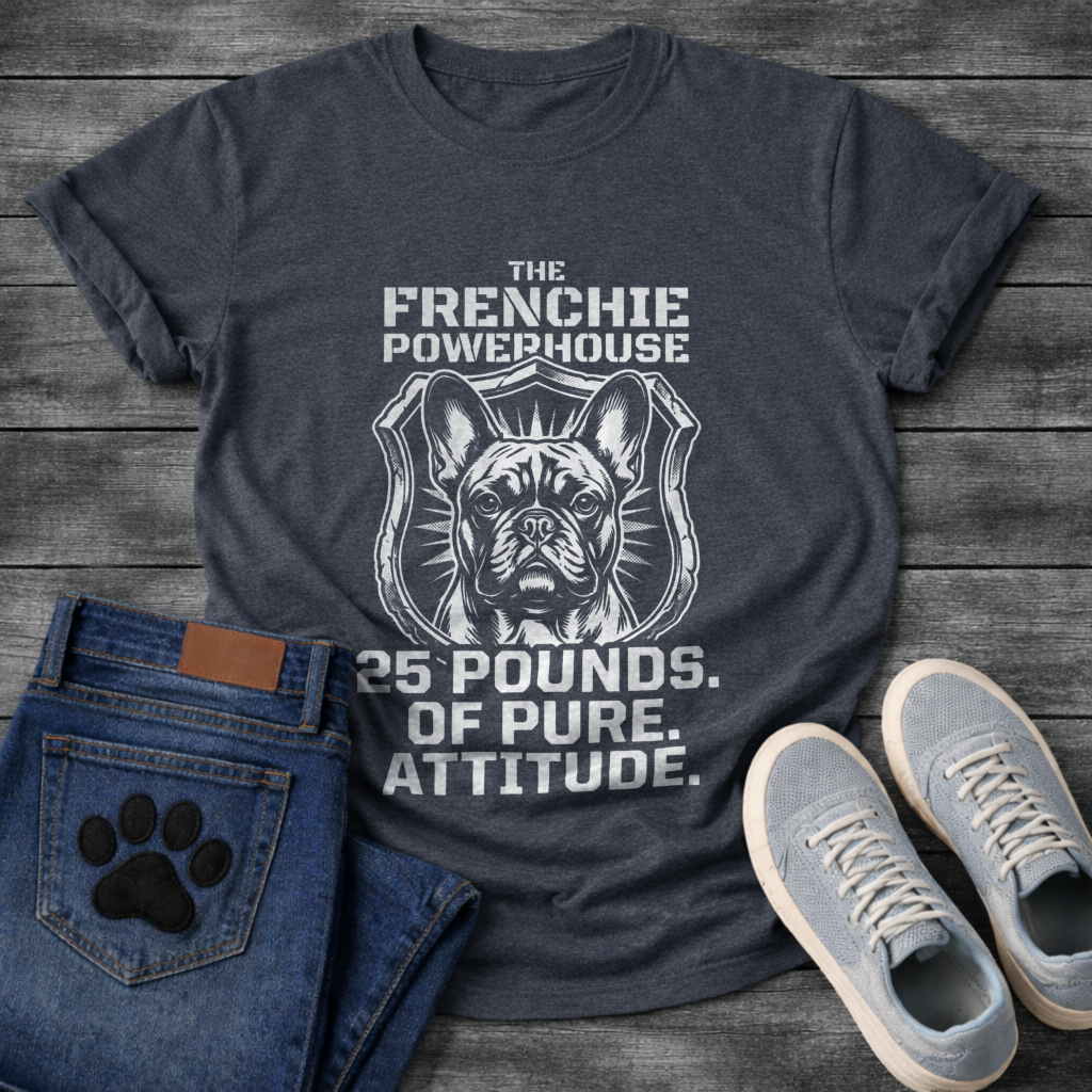 Frenchie Powerhouse 25 pounds pure attitude dark heather funny dog shirt French Bulldog