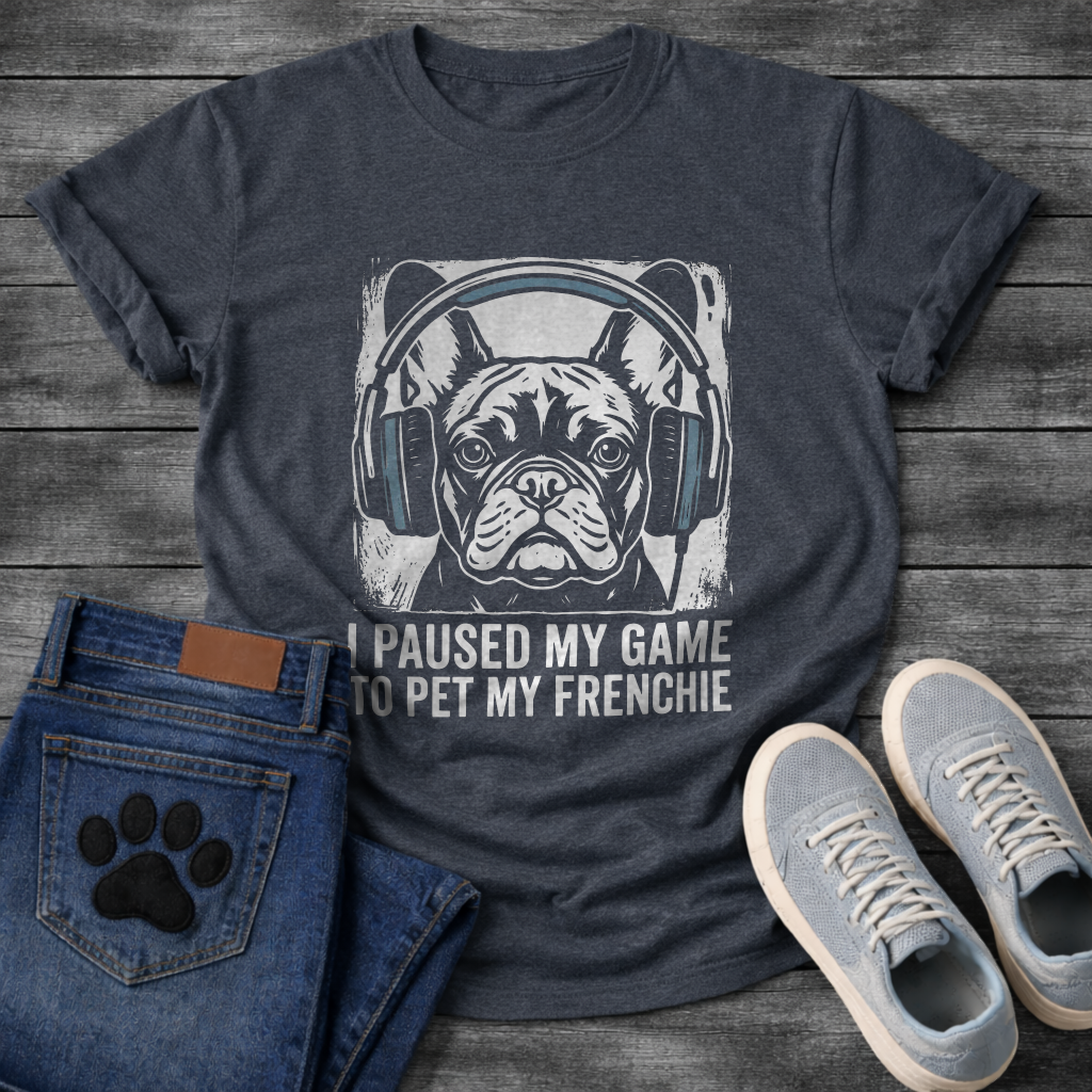 French Bulldog gaming headphones stamp print graphic tee, white ink linocut illustration