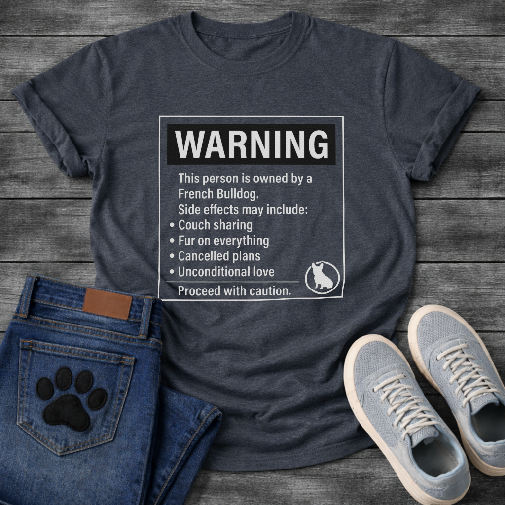 French Bulldog warning label funny t-shirt with Frenchie silhouette