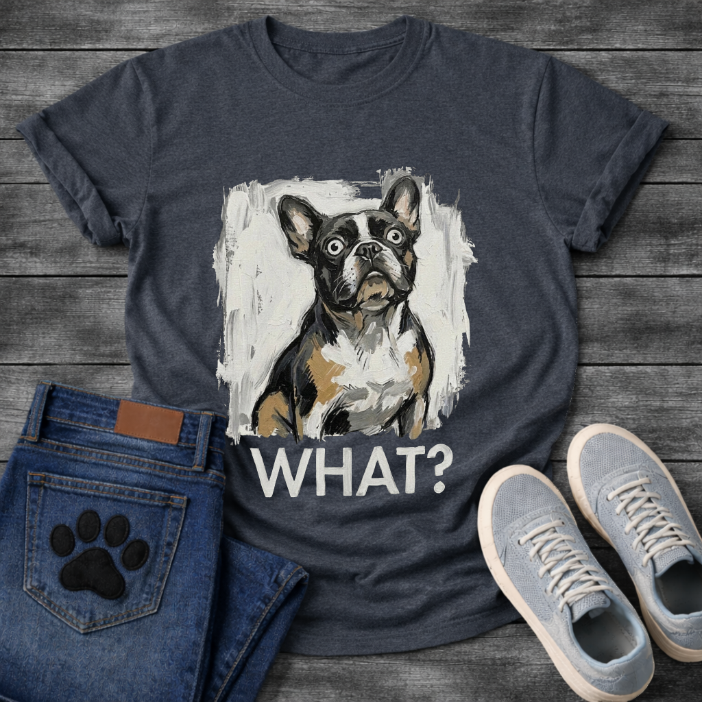 French Bulldog painterly graphic tee with bold WHAT text