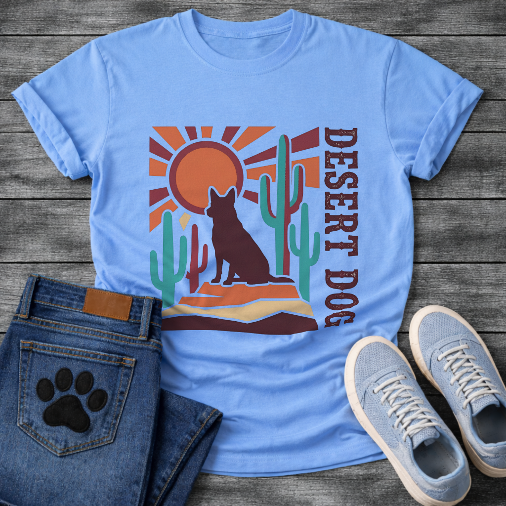 Funny desert dog shirt with retro cactus design for pet lovers