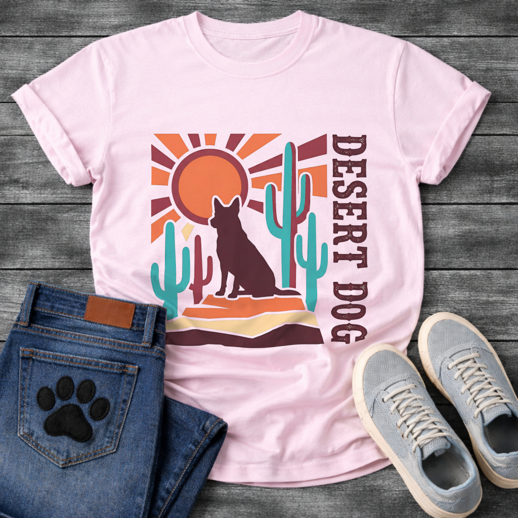 Funny desert dog shirt with retro cactus design for pet lovers