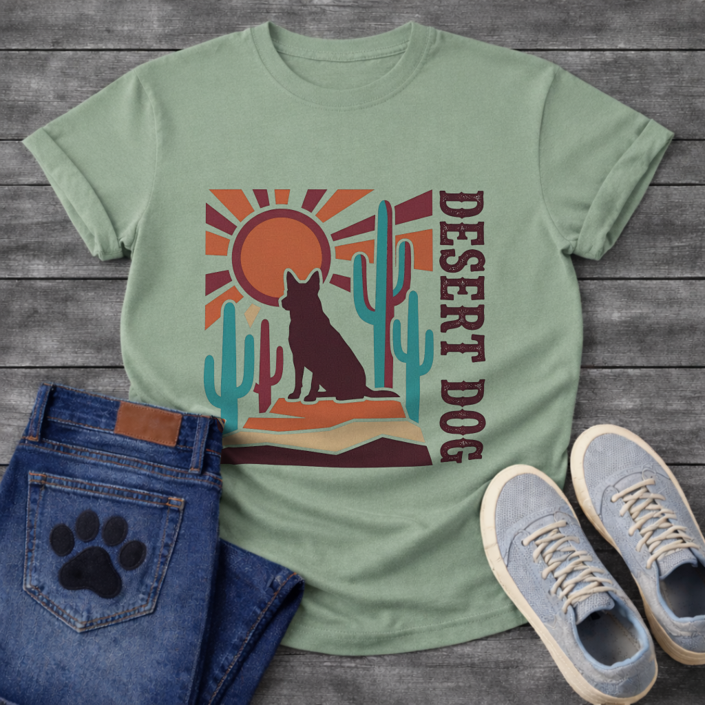 Funny desert dog shirt with retro cactus design for pet lovers