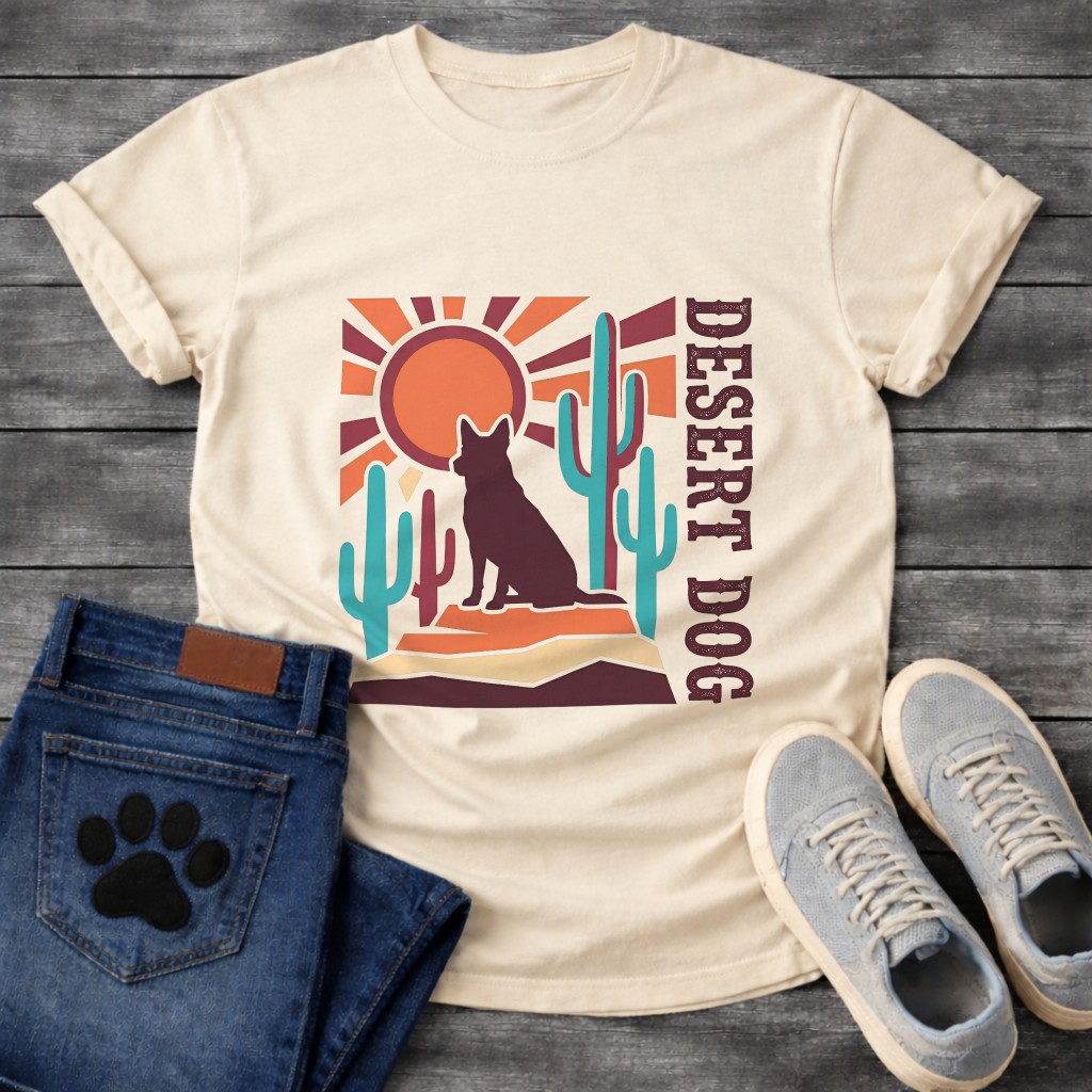 Funny desert dog shirt with retro cactus design for pet lovers
