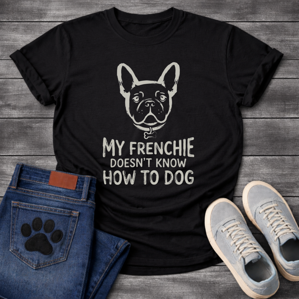 French Bulldog face illustration with bone collar and My Frenchie Doesn't Know How To Dog typography graphic tee
