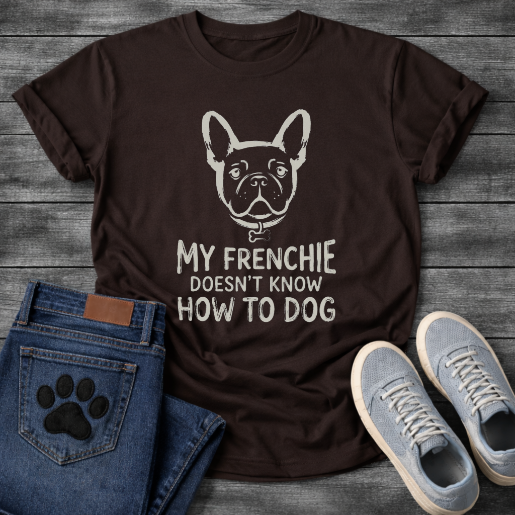 French Bulldog face illustration with bone collar and My Frenchie Doesn't Know How To Dog typography graphic tee
