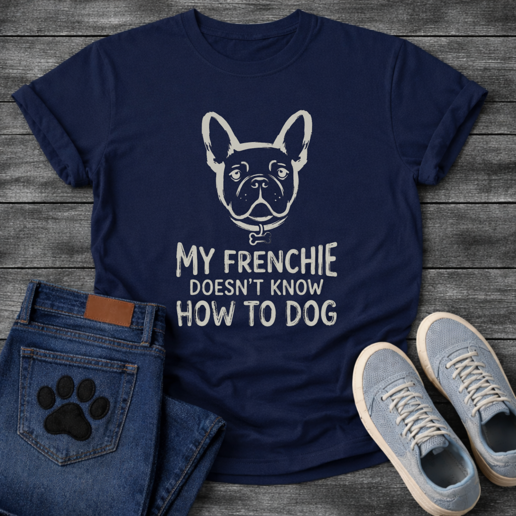 French Bulldog face illustration with bone collar and My Frenchie Doesn't Know How To Dog typography graphic tee
