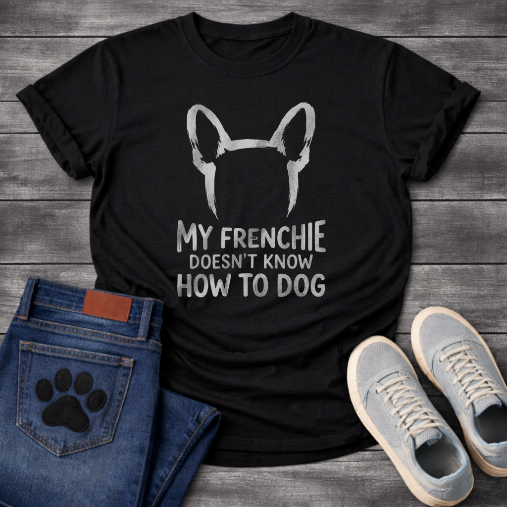 French Bulldog bat ears silhouette with My Frenchie Doesn't Know How To Dog typography graphic tee

