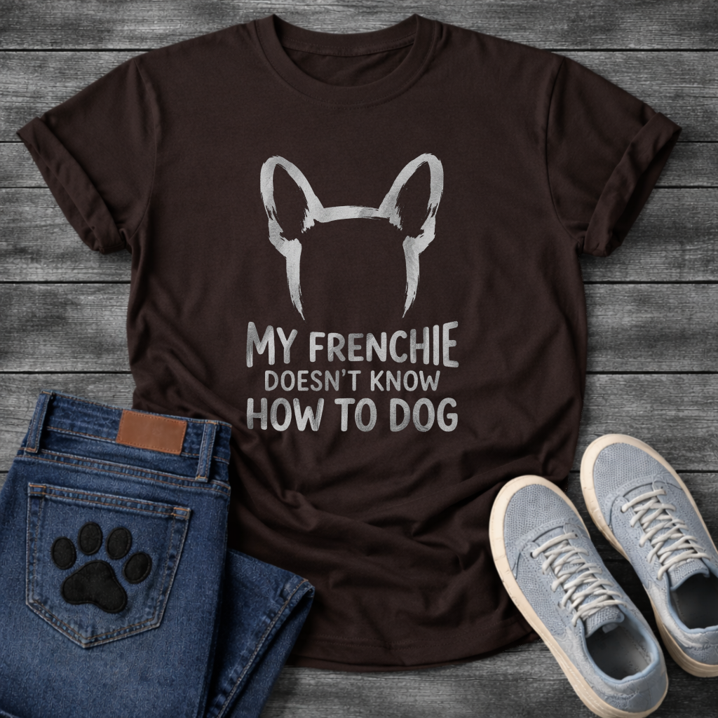 French Bulldog bat ears silhouette with My Frenchie Doesn't Know How To Dog typography graphic tee


