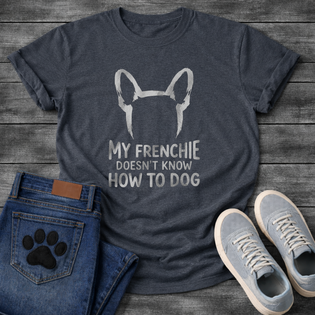 French Bulldog bat ears silhouette with My Frenchie Doesn't Know How To Dog typography graphic tee

