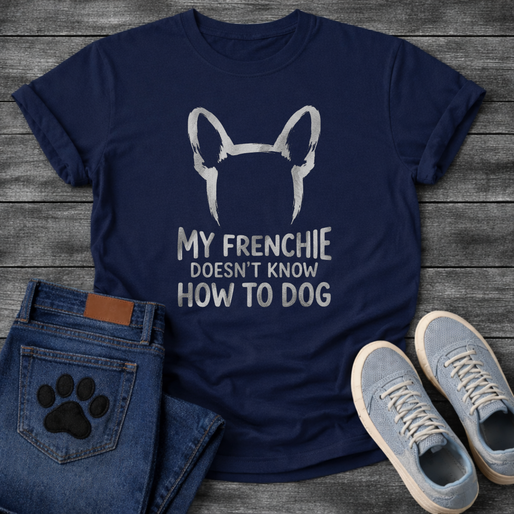 French Bulldog bat ears silhouette with My Frenchie Doesn't Know How To Dog typography graphic tee

