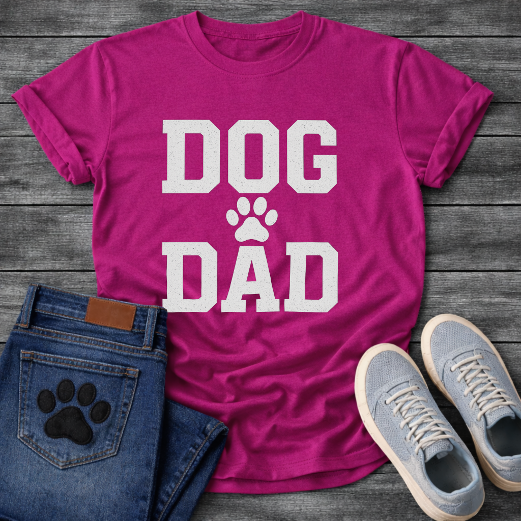 Dog dad shirt with bold lettering and paw print for proud dog fathers