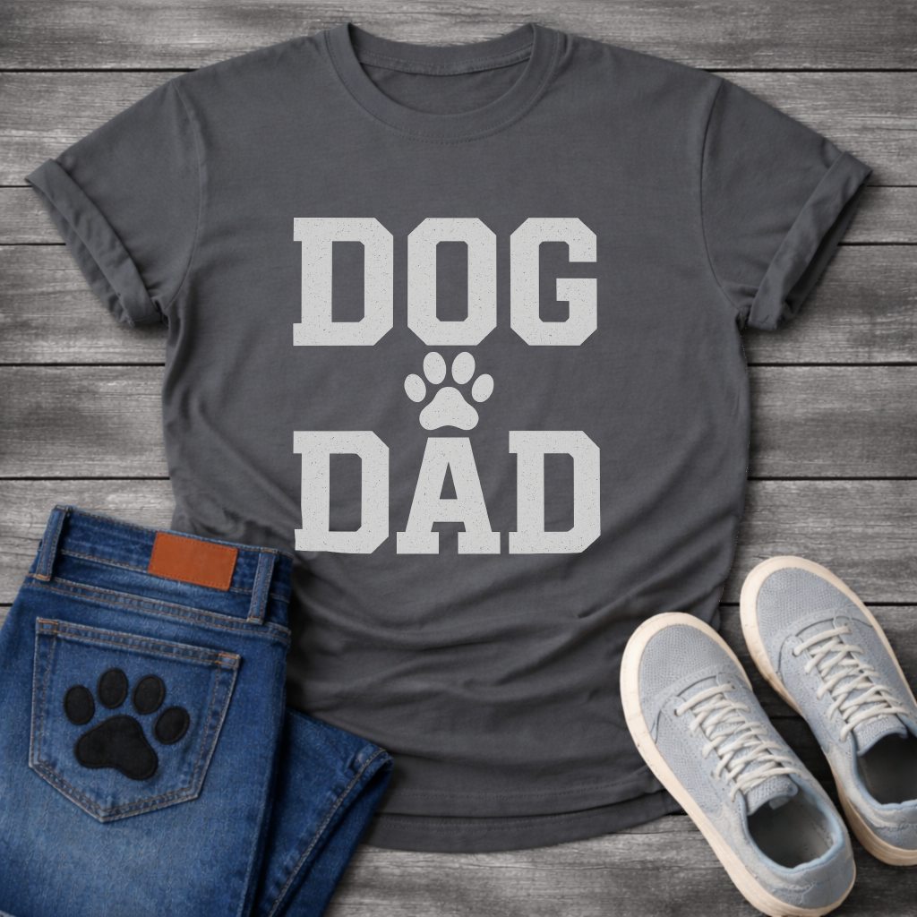 Dog dad shirt with bold lettering and paw print for proud dog fathers