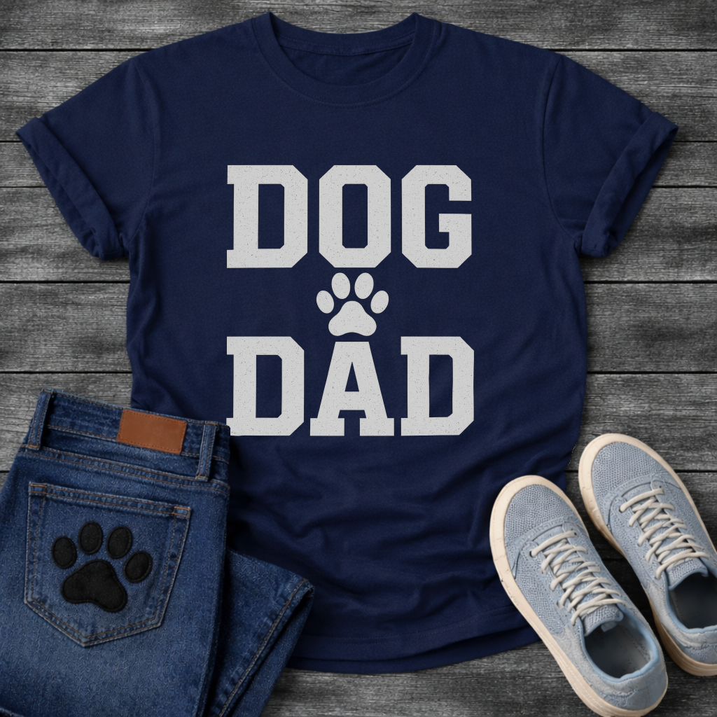 Dog dad shirt with bold lettering and paw print for proud dog fathers