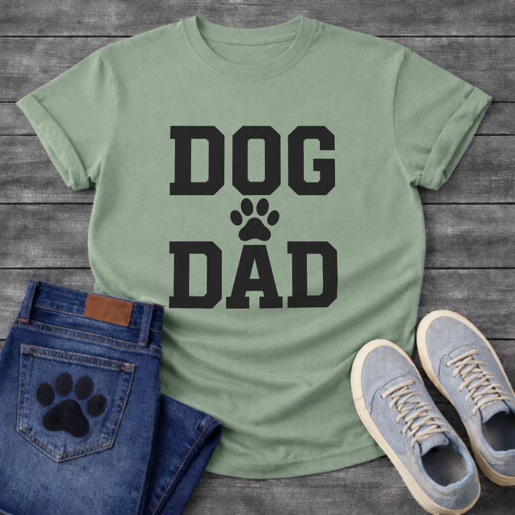 Dog dad shirt with bold lettering and paw print for proud dog fathers