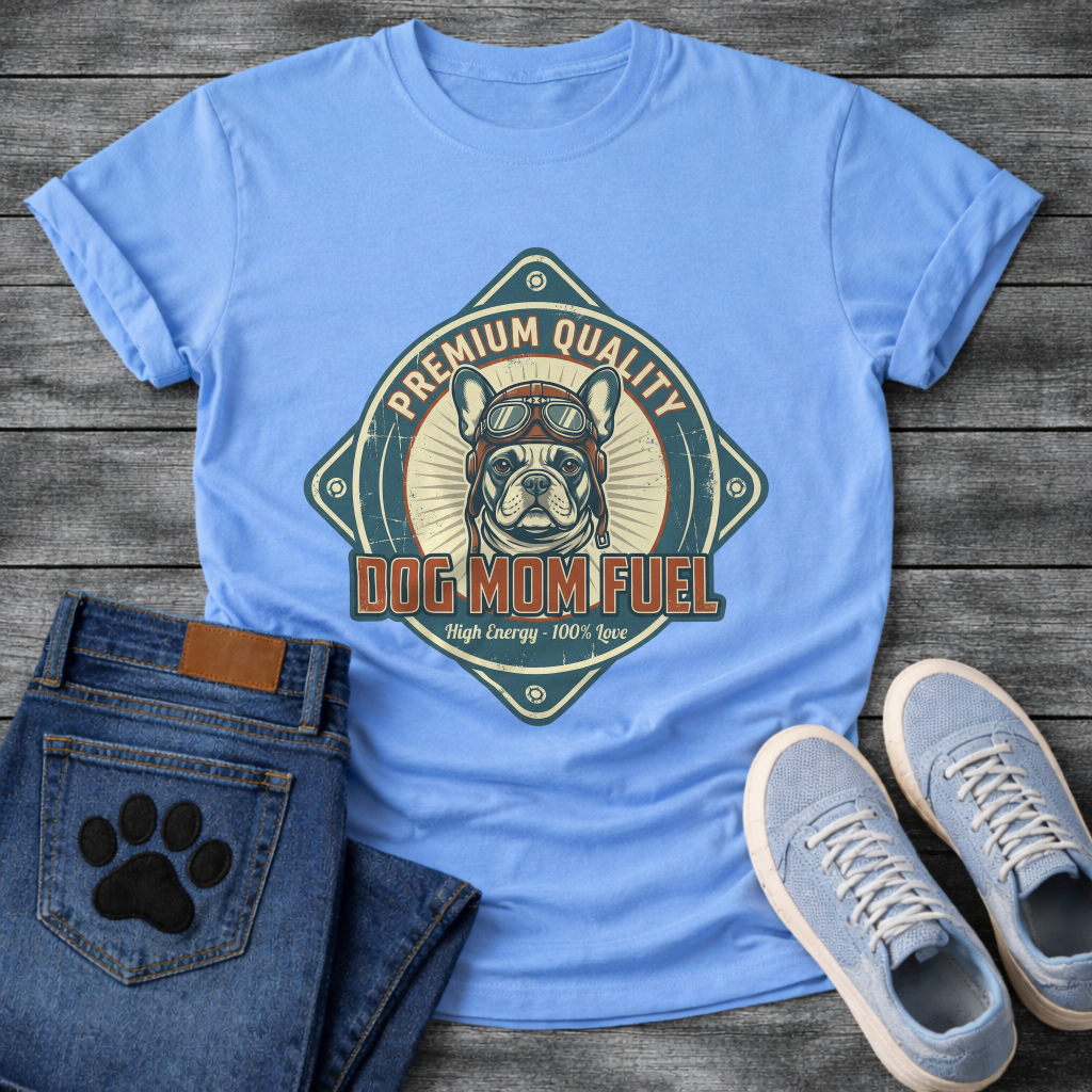 Dog mom fuel funny dog shirts with Frenchie badge graphic