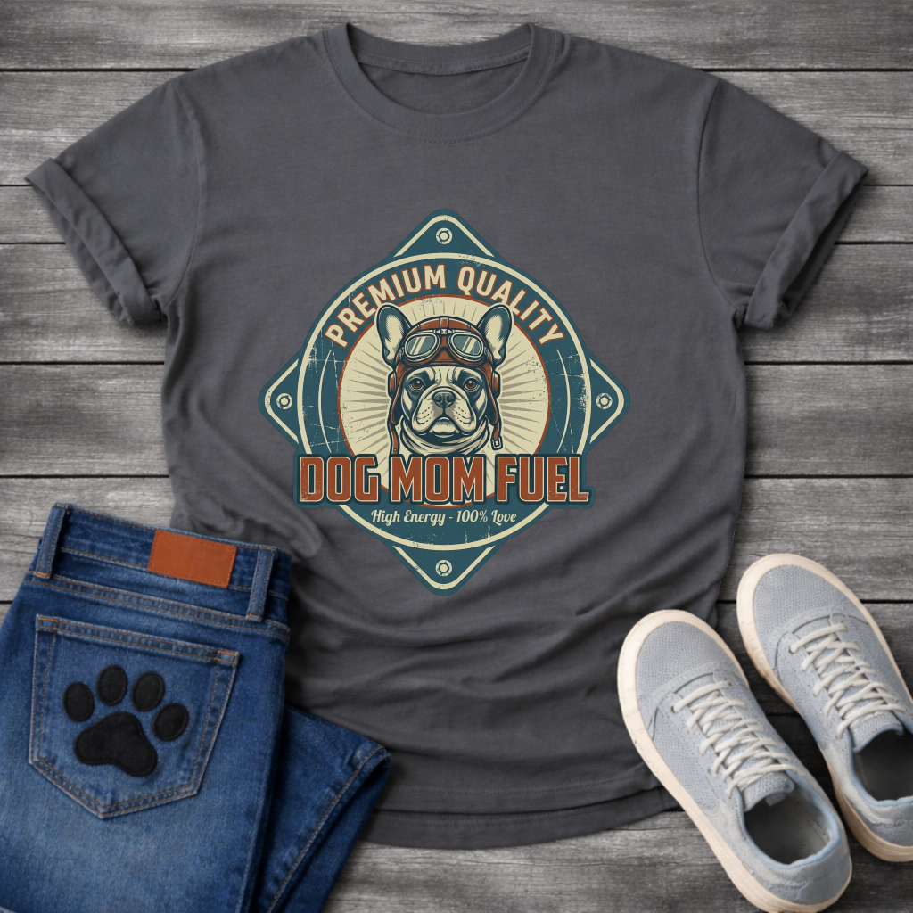 Dog mom fuel funny dog shirts with Frenchie badge graphic