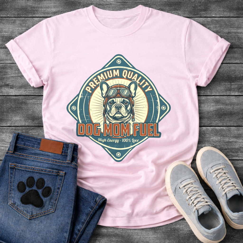 Dog mom fuel funny dog shirts with Frenchie badge graphic