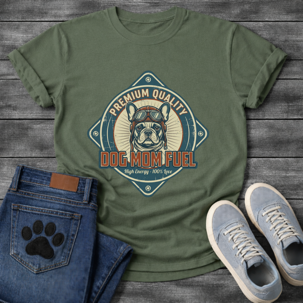 Dog mom fuel funny dog shirts with Frenchie badge graphic
