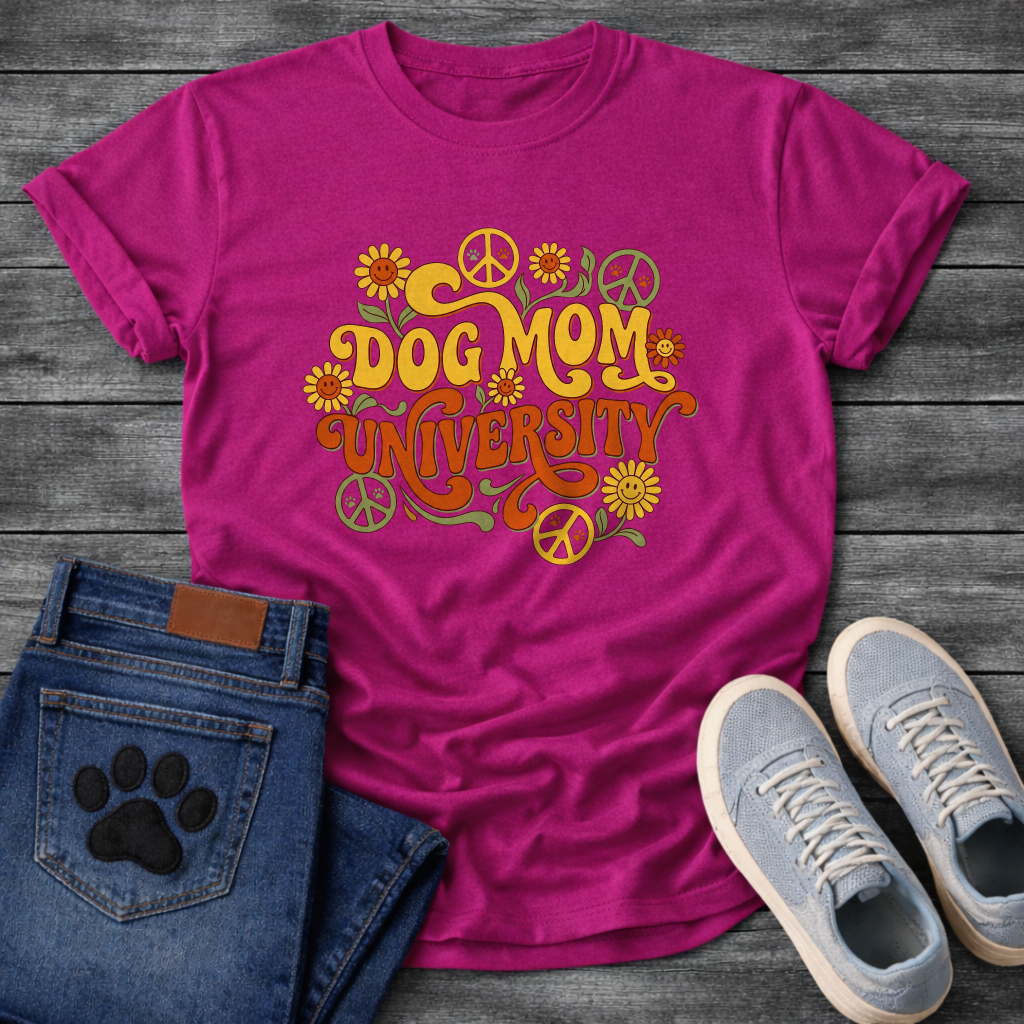Dog Mom University retro groovy floral funny dog parent shirt