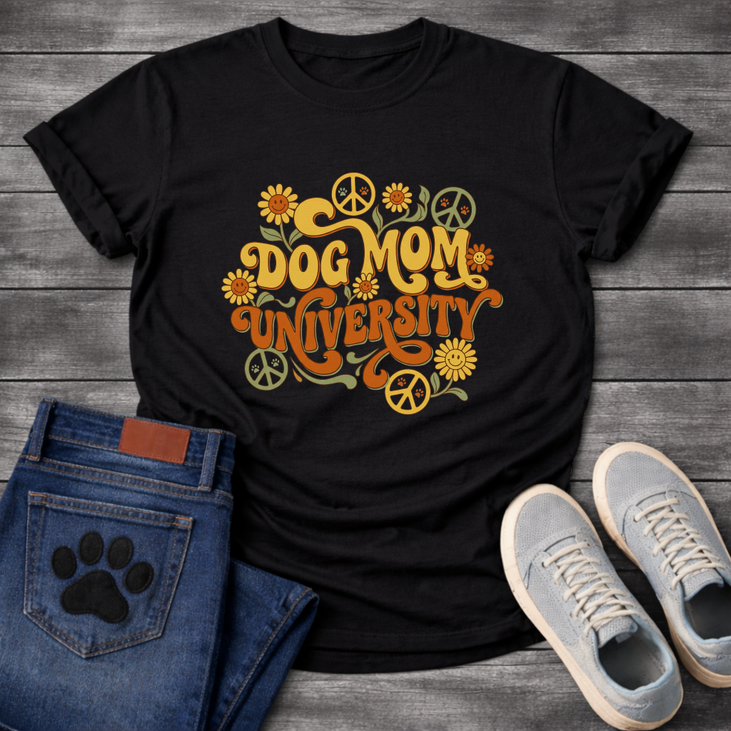 Dog Mom University retro groovy floral funny dog parent shirt