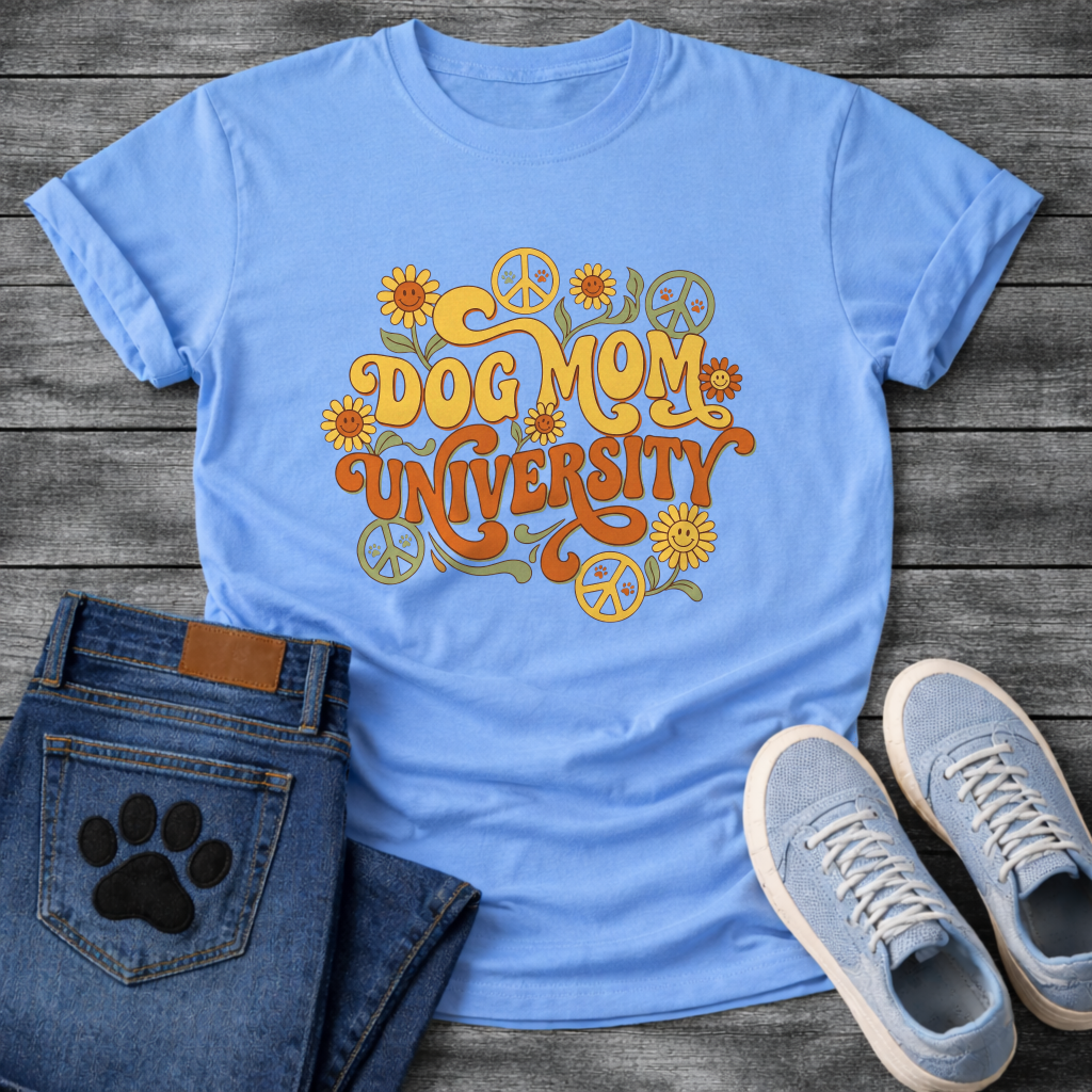 Dog Mom University retro groovy floral funny dog parent shirt