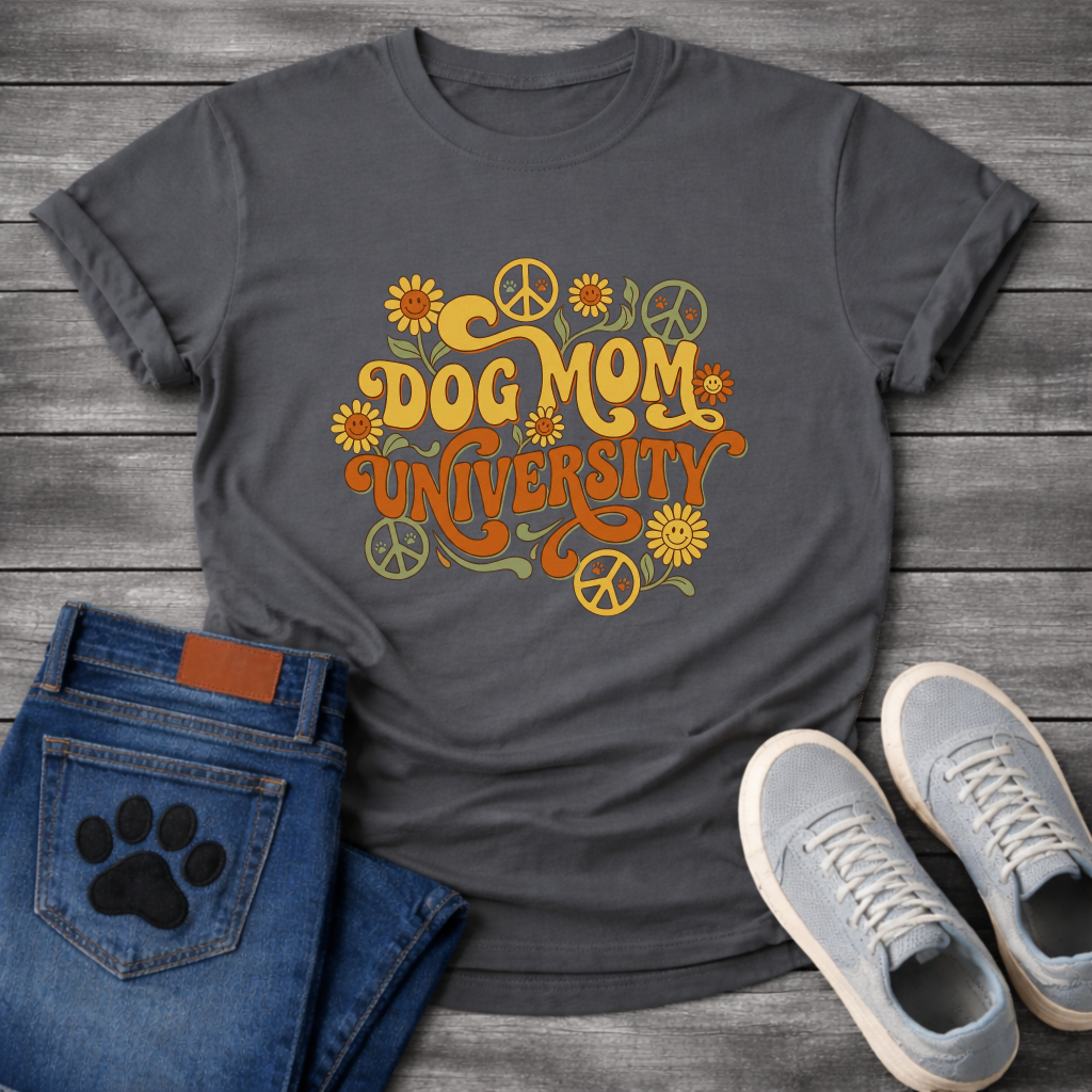 Dog Mom University retro groovy floral funny dog parent shirt