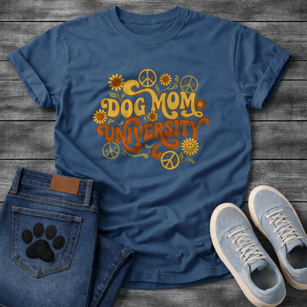 Dog Mom University retro groovy floral funny dog parent shirt