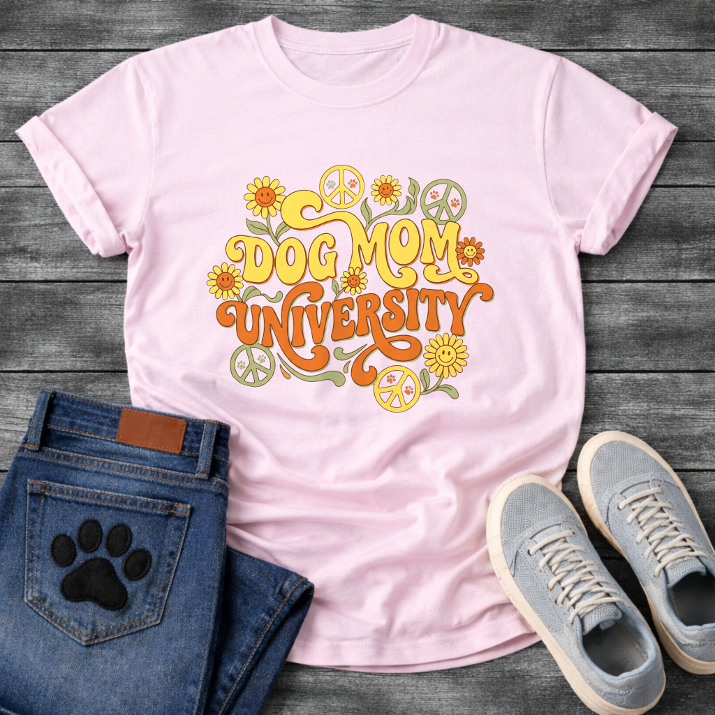 Dog Mom University retro groovy floral funny dog parent shirt