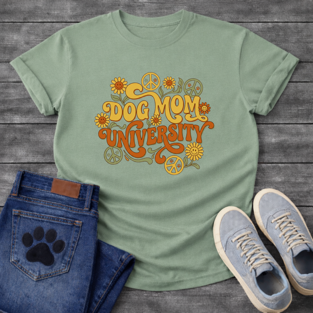Dog Mom University retro groovy floral funny dog parent shirt