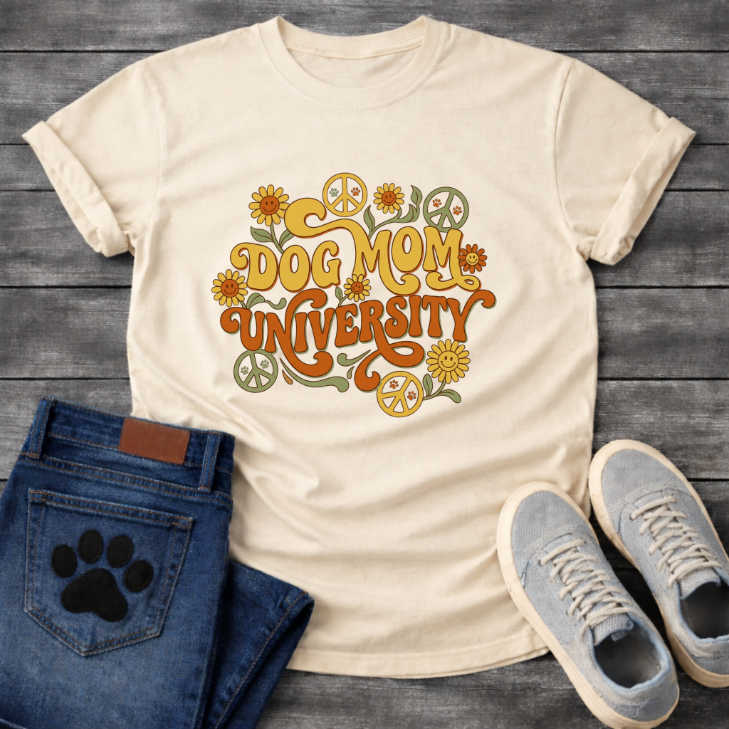 Dog Mom University retro groovy floral funny dog parent shirt